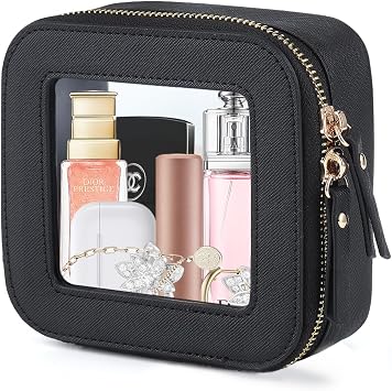 Small Makeup Bag, Travel Toiletry Bag, Mini Double-Sided Clear Waterproof Cosmetic Bag Organizer,Car Essentials for Women Mini-Black