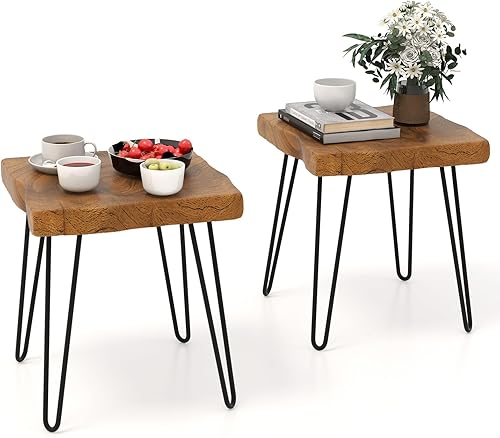 GOFLAME Mesa auxiliar rectangular, mesa auxiliar para interiores y exteriores con parte superior de madera de teca maciza y patas de metal, mesa de