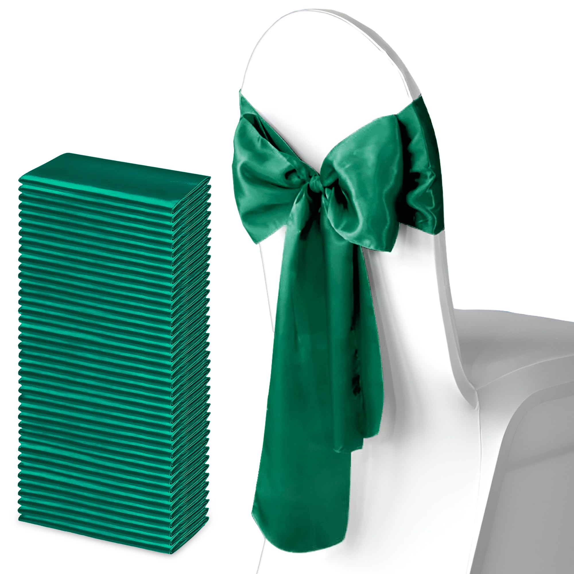 Trimming Shop Emerald Green Satin Chair Sash Wider Fuller Bows Chair Sashes Hammed Edges Bow Back Tie for Wedding Birthday Party Banquet Event Decoration, 50pcs
