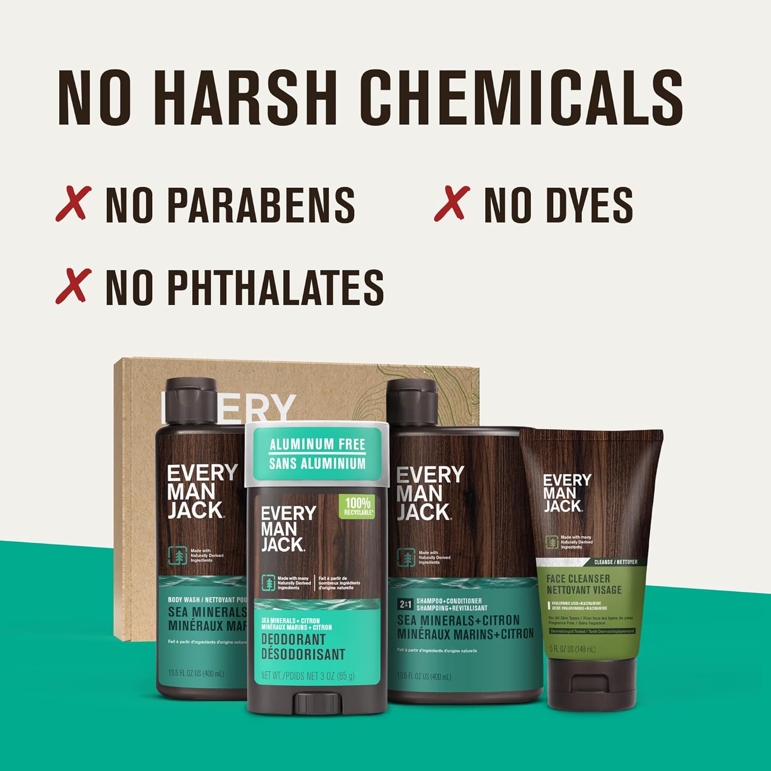 Every Man Jack Men's Bath and Body Gift Set - Sea Minerals + Citron Scent - Clean Ingredients - Includes Hydrating Body Wash, 2-in-1 Shampoo, Aluminum-free Deodorant & Face Wash - Image 4