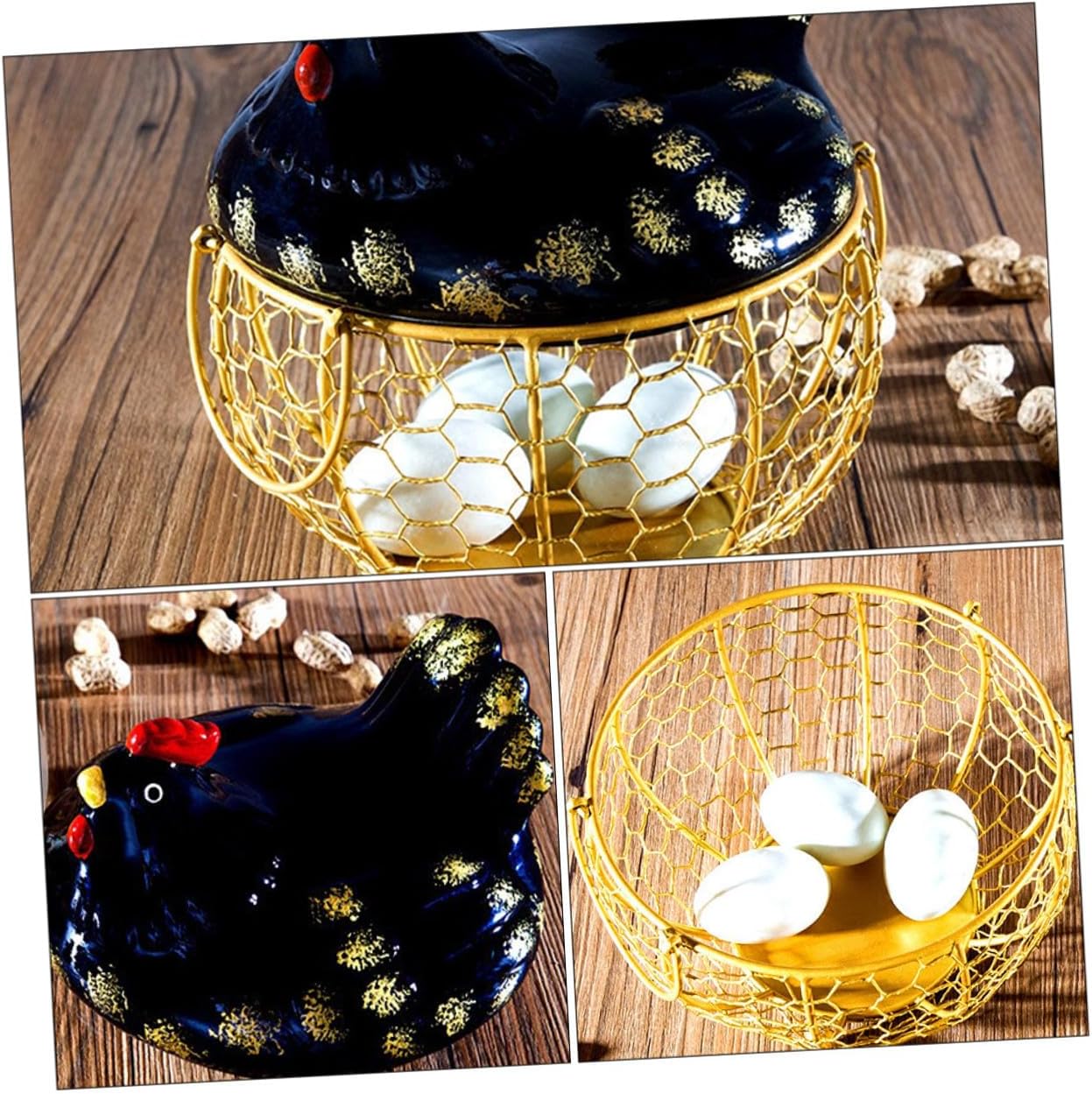 Rustic Metal Egg Basket with Black Iron Lid and Golden Wire Frame, Multifunctional Kitchen Food Storage Basket for Eggs and Fruit, Farmhouse Style Desktop Organizer for Home Use