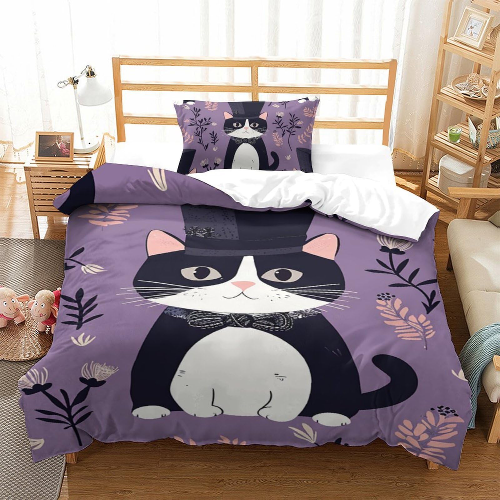 Housse de couette 135x200 chat parure de lit microfibre 2pcs pour chambre enfant et ado