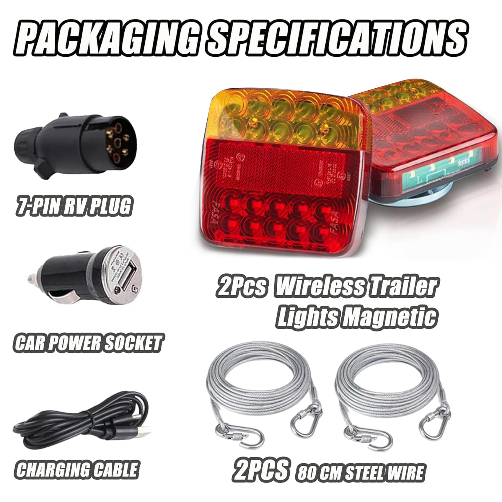 2 Pack Luces Traseras LED Magnéticas Inalámbricas para Remolque, Camión y Caravana – 12V, Recargables, Impermeables IP65, ECE Aprobado, Enchufe de 7 Pines
