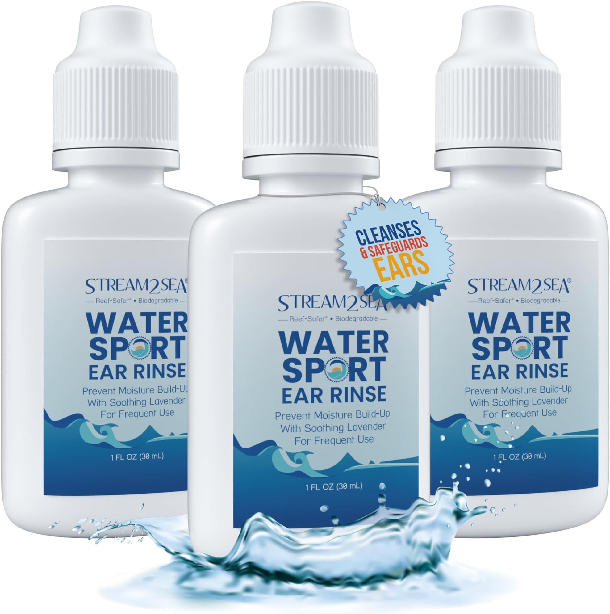 Stream2Sea Water Sport Ear Rinse for Swimmers, Divers and Surfers 1 Fl oz - Biodegradable Natural Ear Drops for Swimmers - Ear Drops with Oregano and Lavender Oils - to Keep Ears Healthy, 3 Pack