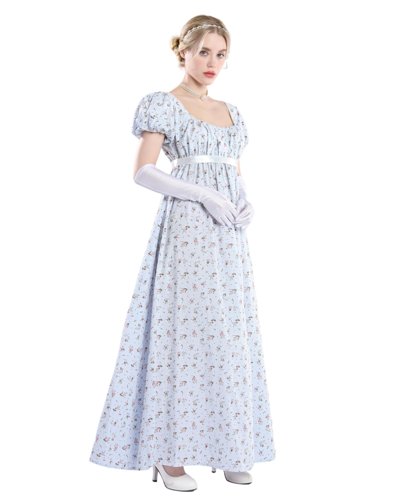NSPSTT Regency - Abito da donna floreale Regency Era con vita imperiale, abito lungo da tè con guanti