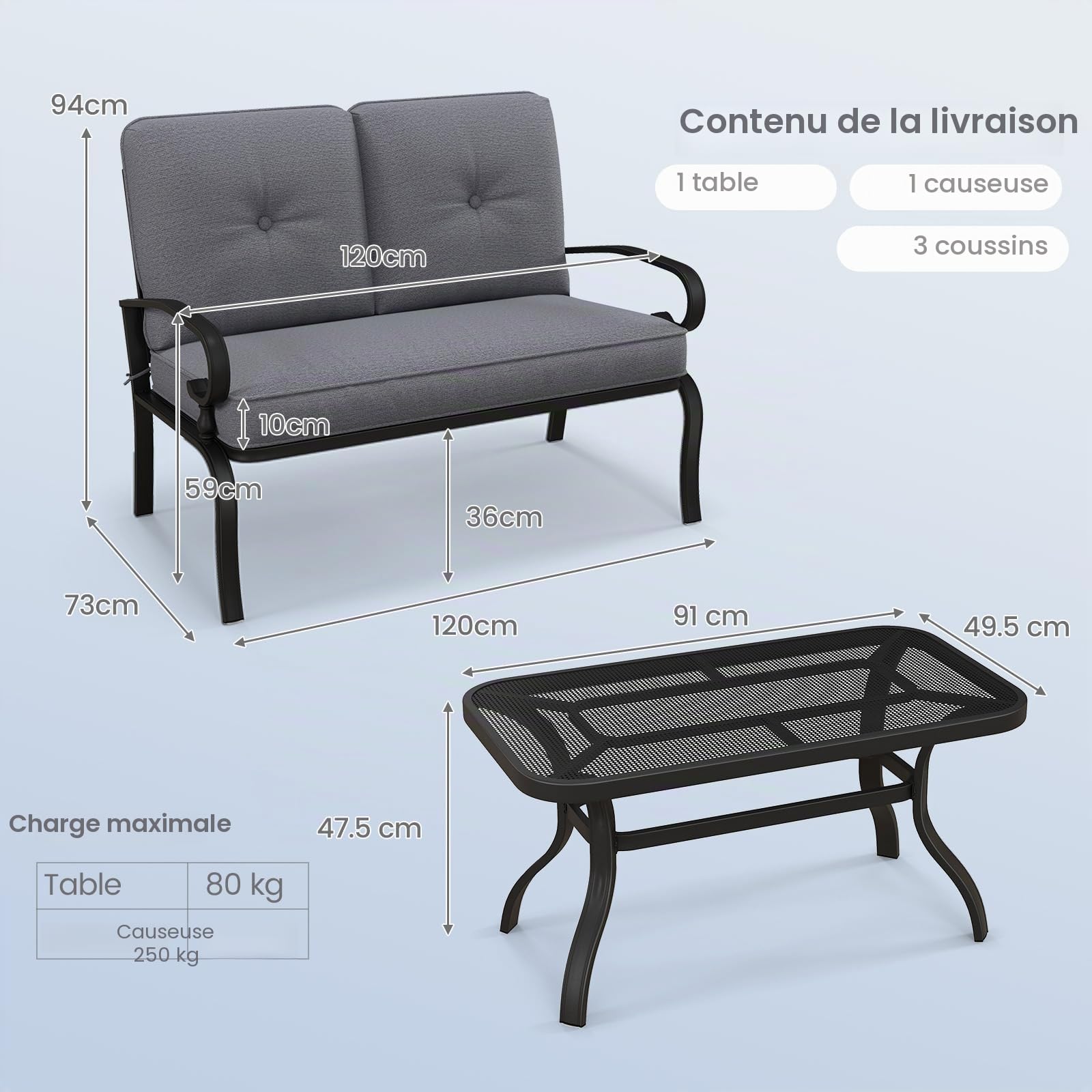 GOPLUS Salon de Jardin 2 Personnes, Canapé Extérieur 2 Places avec Table Basse,Coussins Doux,2 Pcs Ensemble de Meubles de Jardin pour Jardin,Balcon,Terrasse