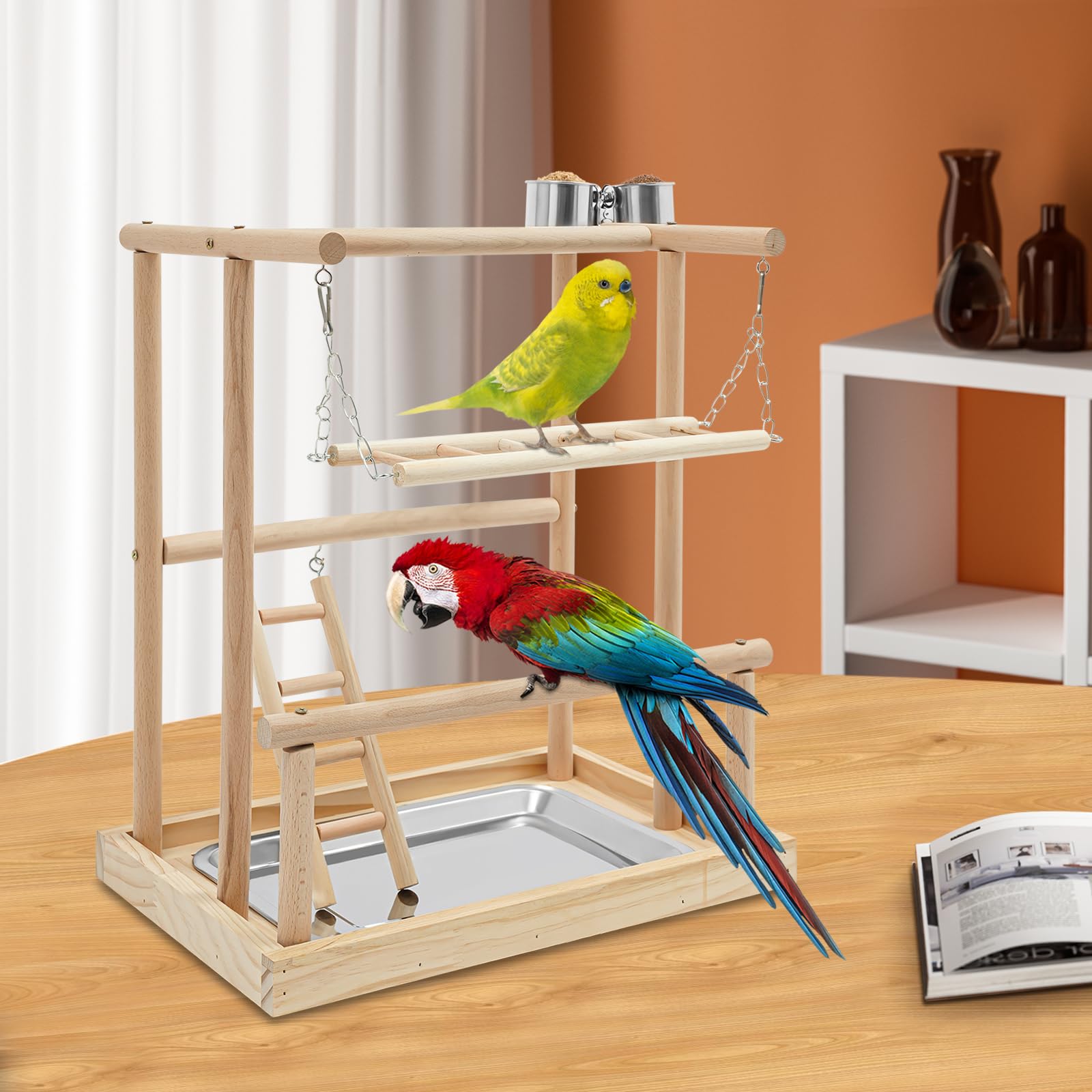 Scaffale da gioco per pappagalli, in legno, autoportante, con altalena, scala da arrampicata, ciotole per mangiatoie, pappagalli, parrocchetti, piccoli e medi, realizzata a mano in acciaio inox