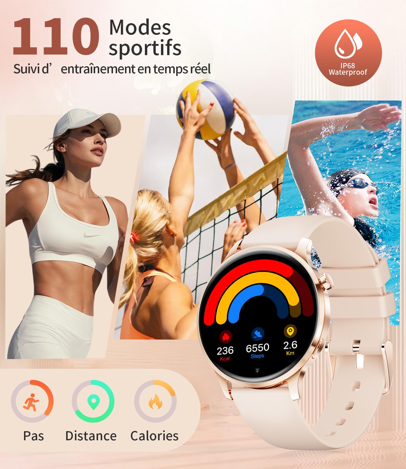 Montre Connectée Femme avec Appel Bluetooth, 1.32" AMOLED Smartwatch, 120+Sportif Sommeil, Podomètre, Fréquence Cardiaque/Sommeil/IP68 Étanche Montre Running Compatible pour Android iOS (Doré)