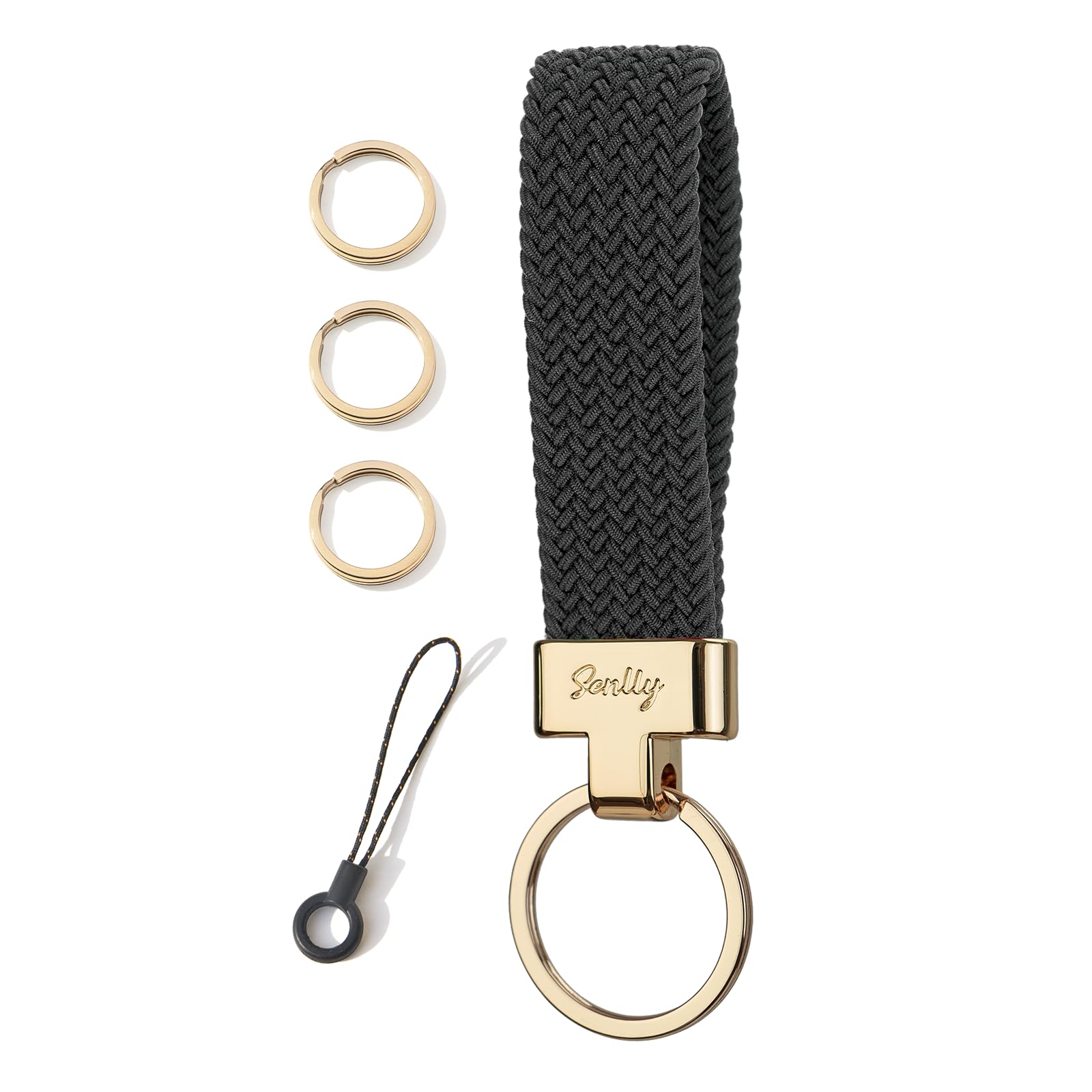 Senlly Unisex 001B Black Car Keychain, Stretchy Key Holder, Original Elastic Anti-Drop Design Finger Lanyard Strap