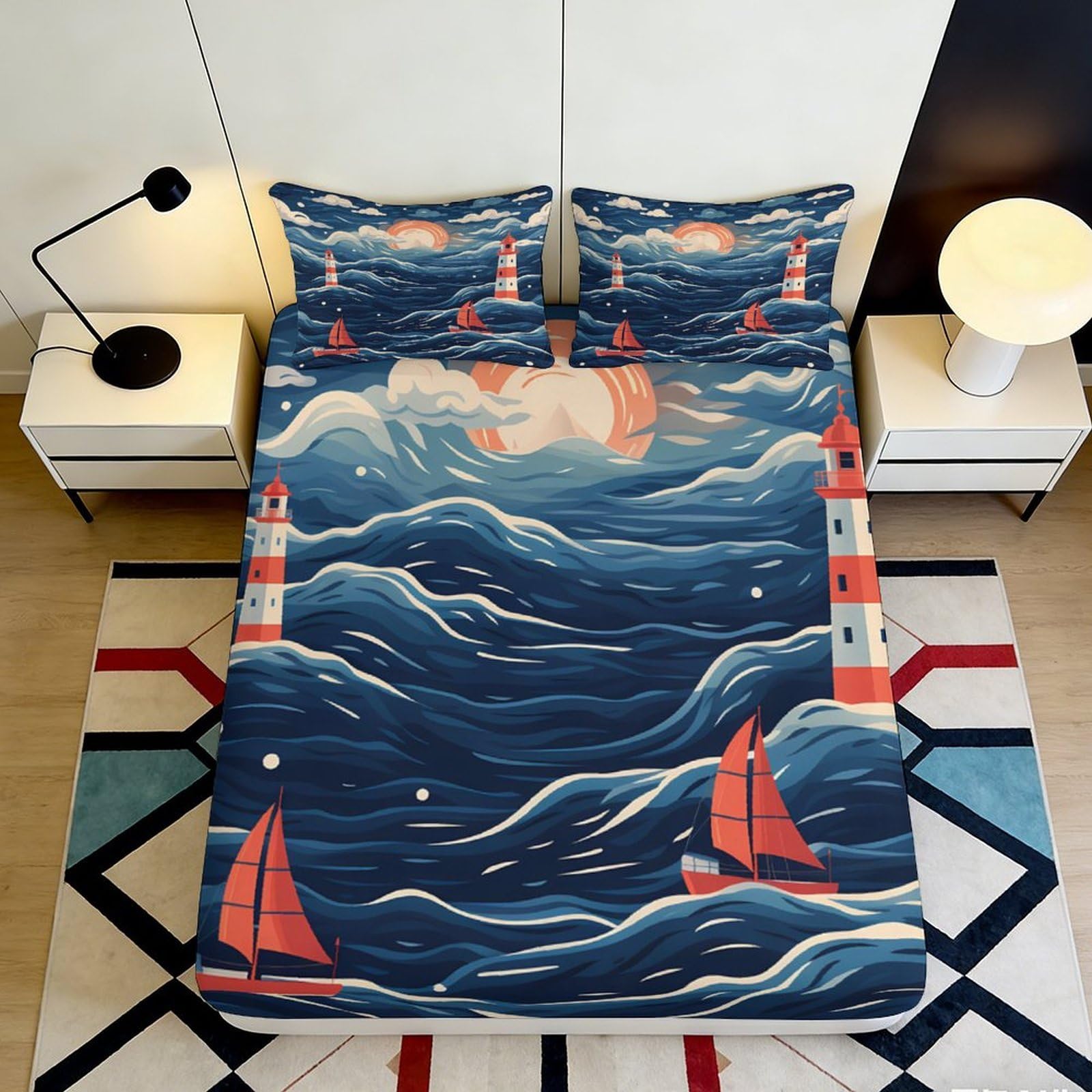 3D Printed Ocean Waves Fitted Sheet Microfiber Soft Breathable Lighthouse Sailboat Mattress Cover for Bedroom Dorm Decor 90x200x25cm
