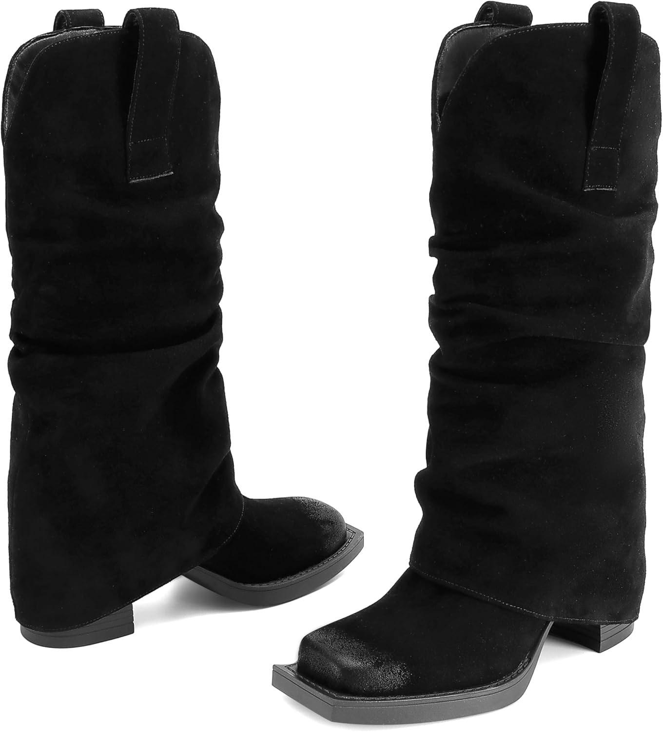 Suede Fold over Boots Square Toe Chunky Block Heel Mid Calf Boots Pull on Cowboy Cowgirl Western Slouchy Ankle Booties