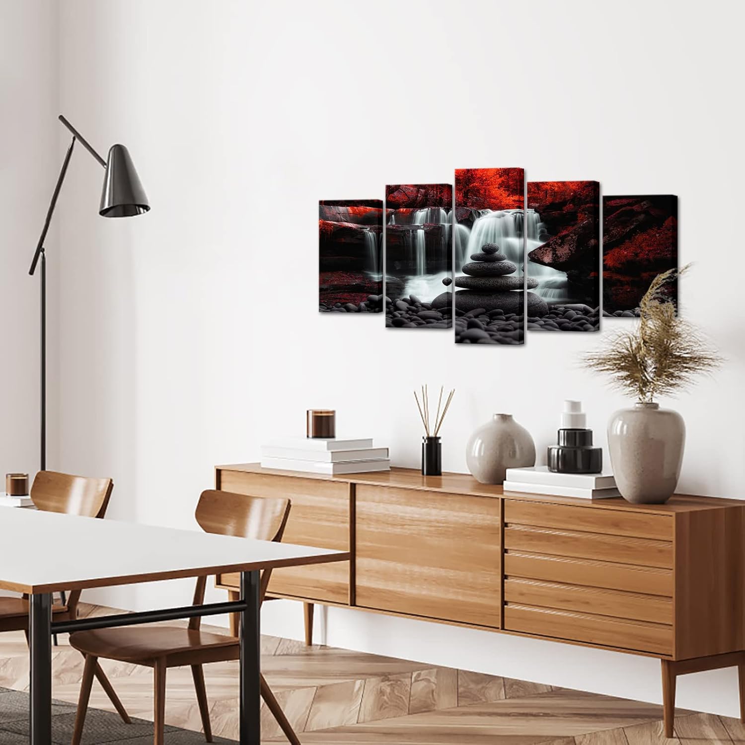 Conipit Black White Red Landscape Print Artwork for Living Room Red Tree Canvas Autumn Wall Art Zen Stones Waterfall Painting Picture Wall Decor Framed Ready to Hang (50''x24'')