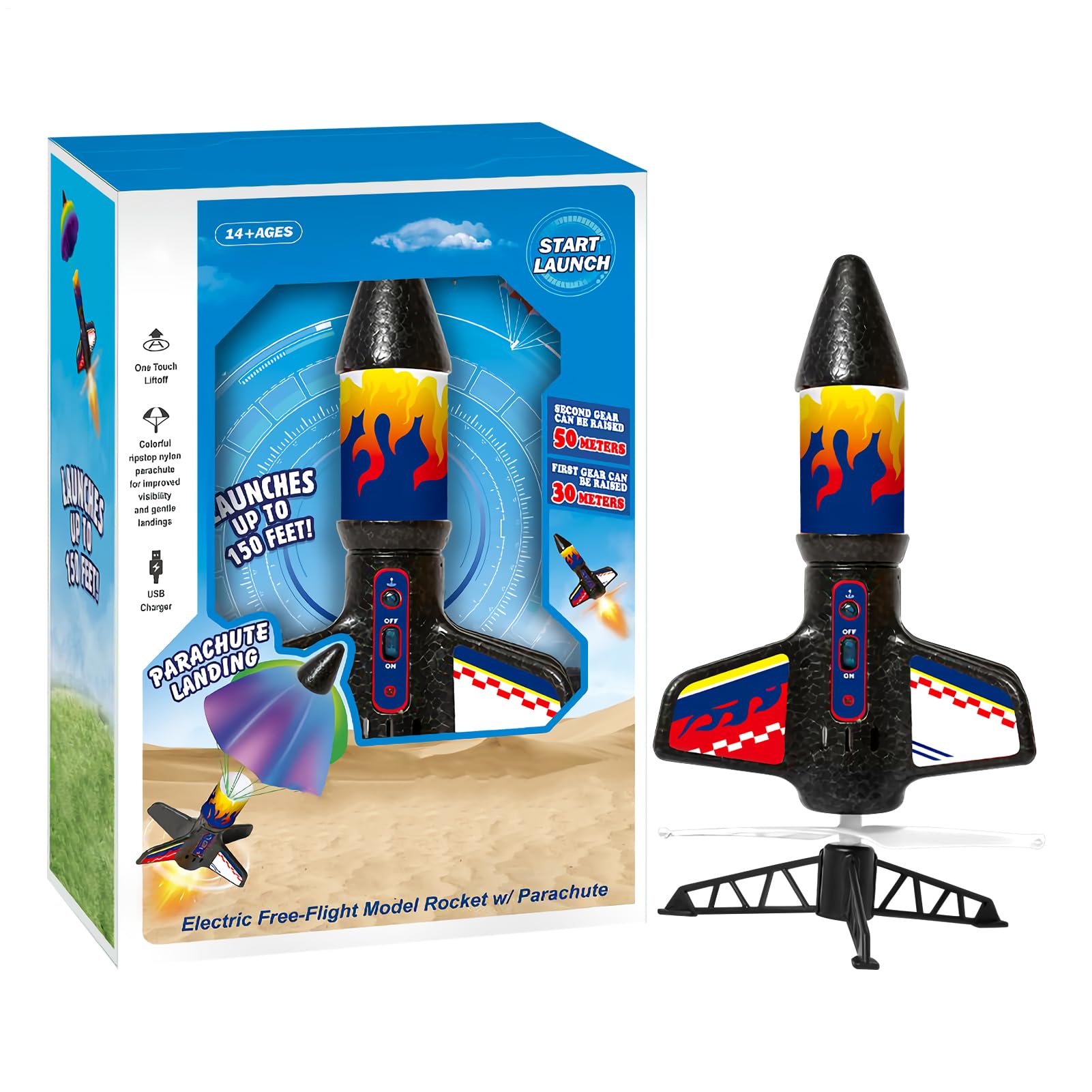 Rocket Toy, Launching Rockets, Stem Outdoor Launcher Toys with Colorful Parachute 12 Inch Height, Safe Compact and Easy to Use Science Games for Kids, Students, Parent-Child, Outdoor Activities