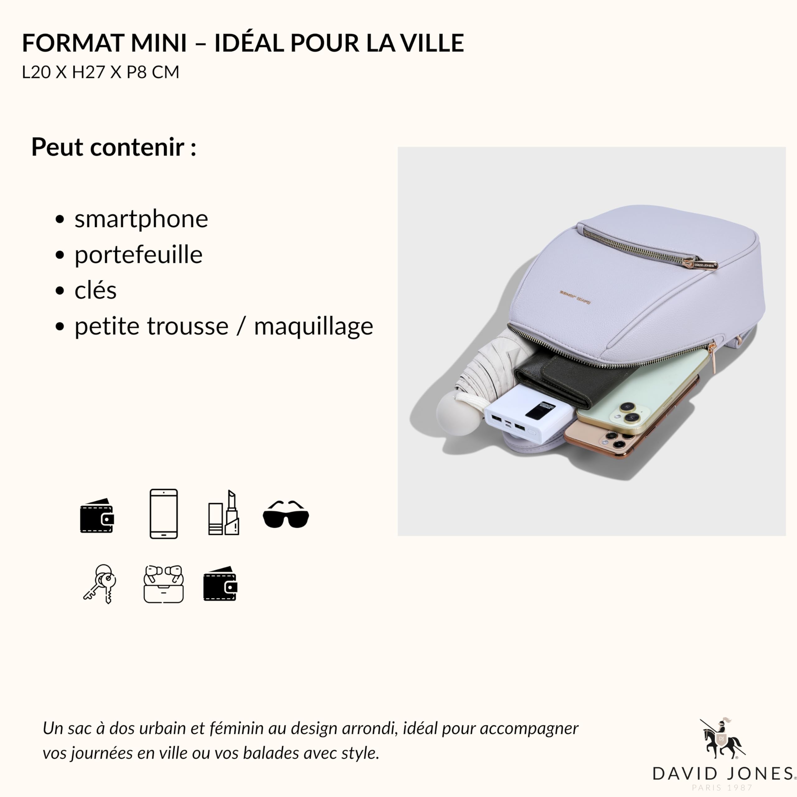 David Jones - Mini mochila bandolera para mujer y ciudad, tamaño mini, piel sintética, práctica chic clásica, salidas de fin de semana