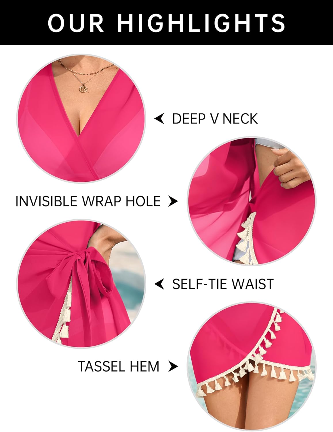 SWOMOG Women's Swimsuit Cover Ups Beach Wrap V Neck Chiffon Coverup Bathing Suit Tie Waist Beachwear with Tassel - Image 7