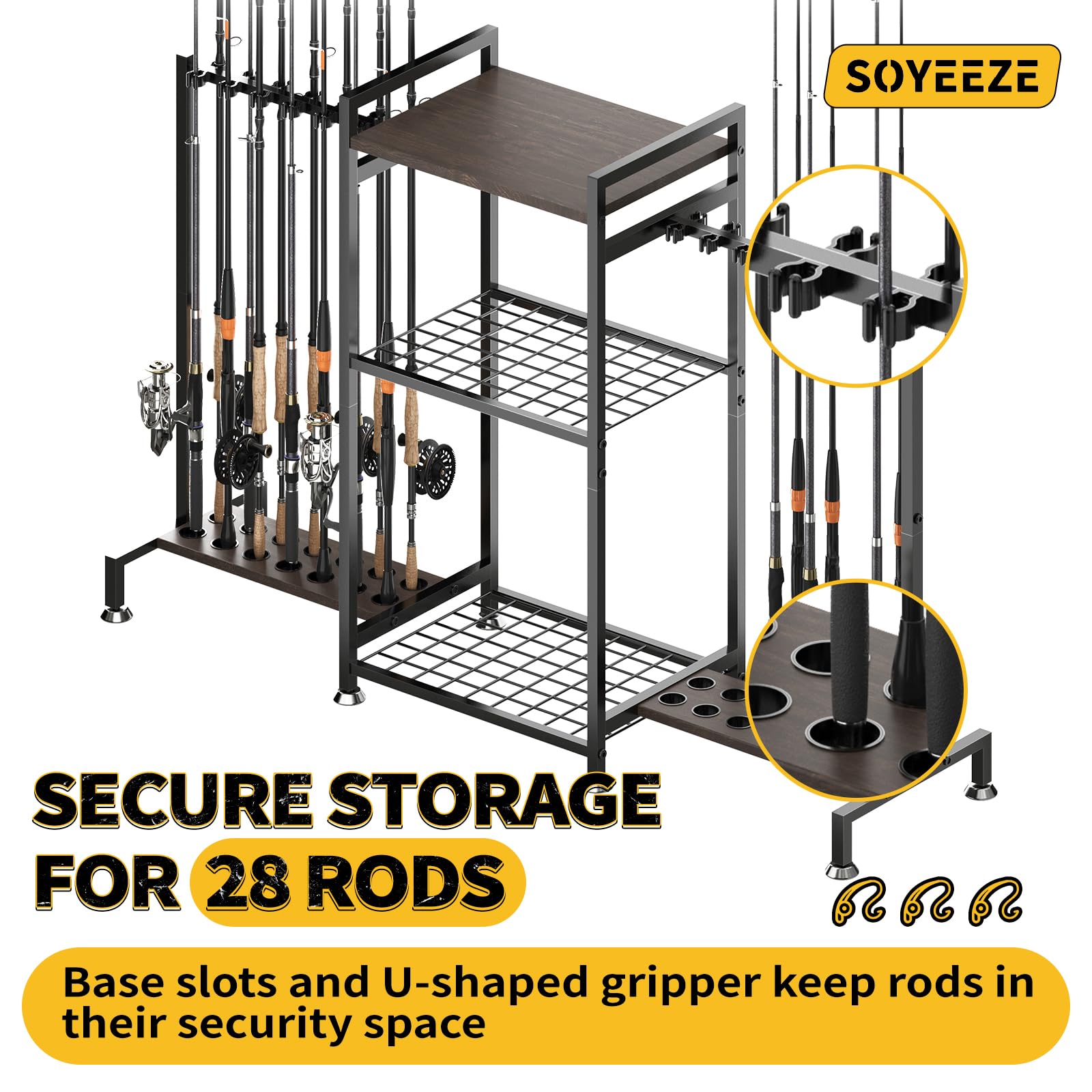 SOYEEZE Angelrutenhalter für 28 Ruten, Bodenständer, Angelrutenhalter für Garage, 3-seitiges vertikales Angelrutenregal für Angelbox, Angelzubehör, ein Display für Fischausrüstung, Geschenk für Mann