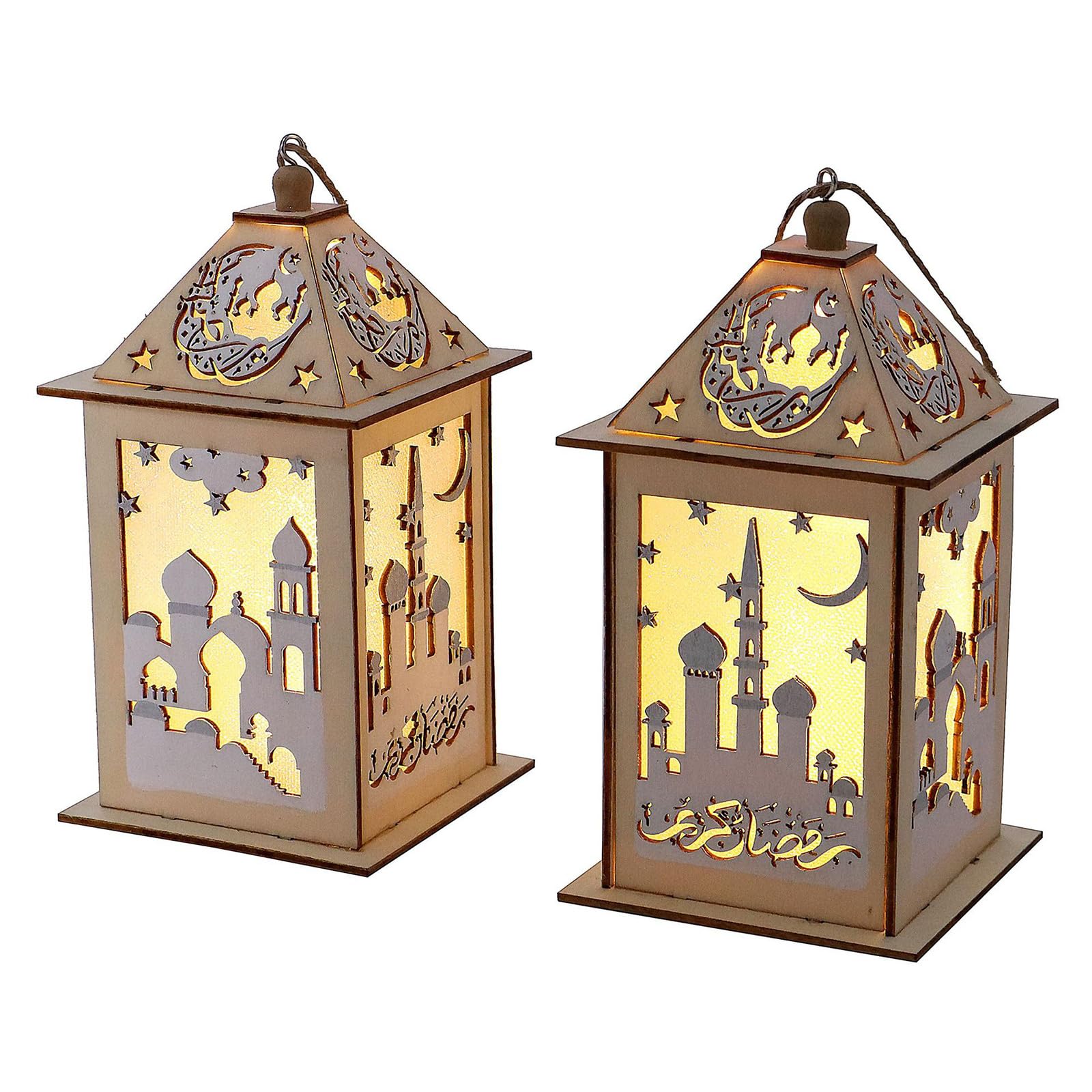 Jazuaiao (Pack of 2) Versatile Festival Ornament Featuring Wood Materials for Muslims Occasions Lighting LED Light Light