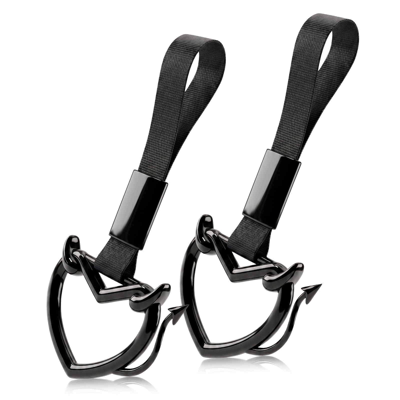 2 Pcs Devil Heart Shaped Car Handle Strap – JD M Drift Charm Rear Bumper Warning Ring Decor for Car Interior Exterior, Subway Bus Handle Accessory, Cute Heart Car Decor Gift (Black-Tail)
