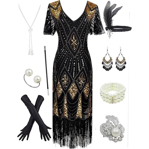 Women's 1920s Gatsby Inspired Sequin Beads Long Fringe Flapper Dress w/Accessories Set