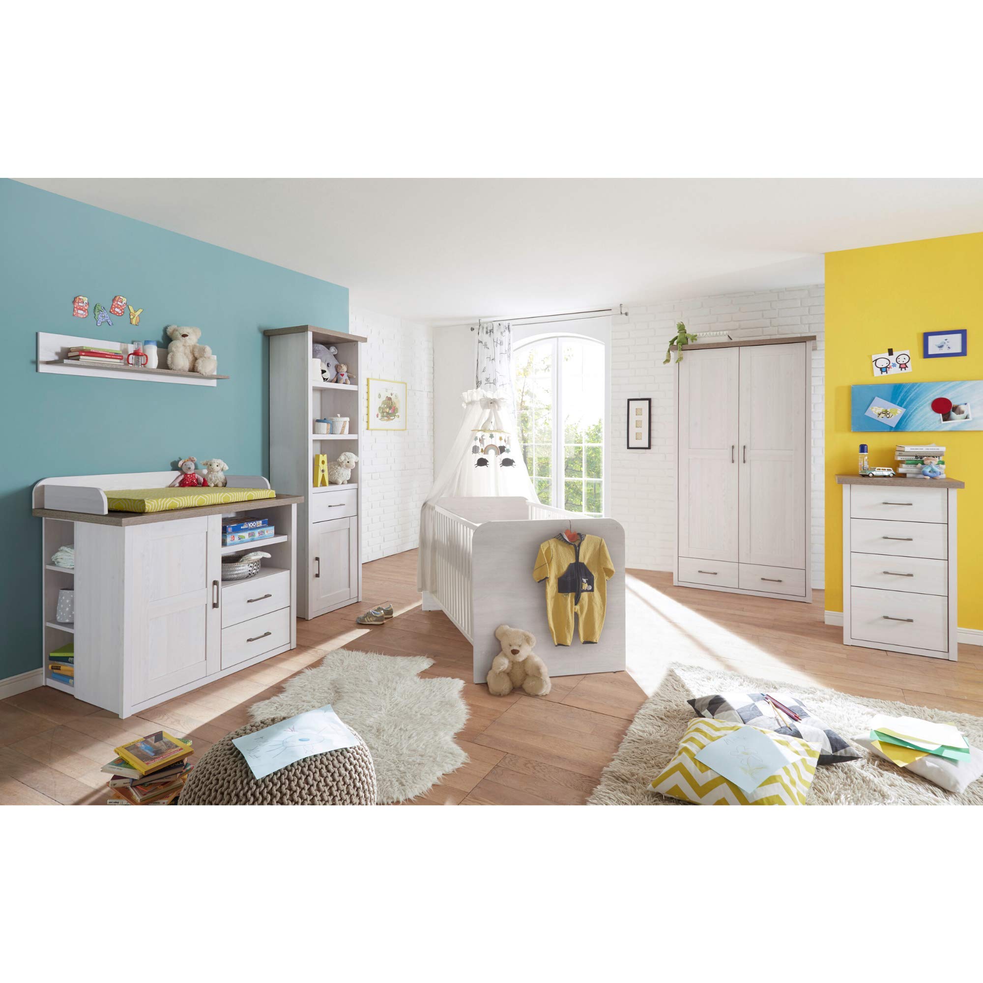 LUCA Eleganter Kleiderschrank Babyzimmer 2-türig - Vielseitiger Drehtürenschrank mit viel Stauraum in Pinie Weiß / Trüffel - 106 x 201 x 55 cm (B/H/T)