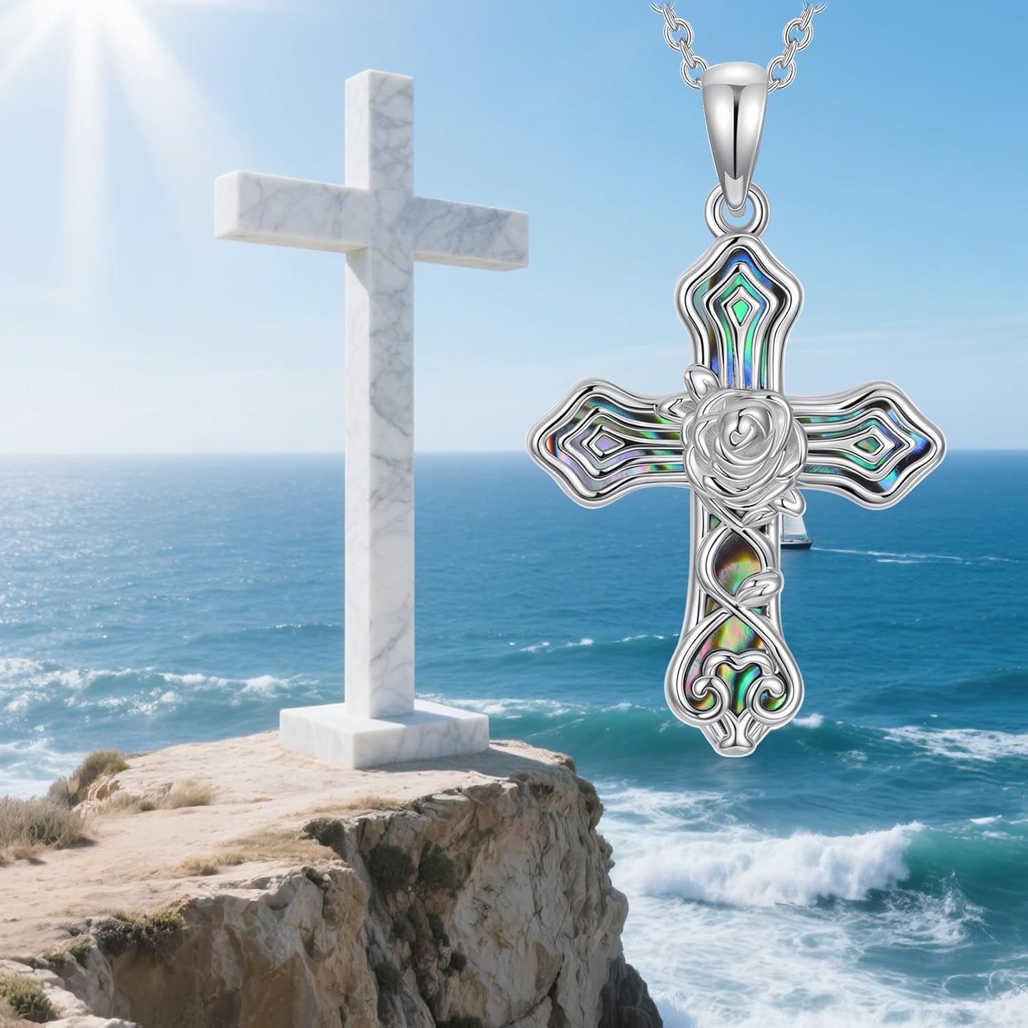 925 Sterling Silver Cross Pendant Necklace for Men Women Abalone Shell Celtic Knot Cross Necklaces Jewelry Gifts - Image 6