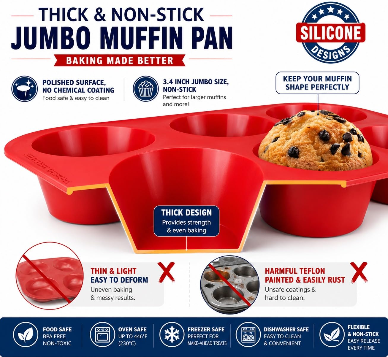 Texas - molde de Silicona para magdalenas, muffin y cupcakes, para 6 magdalenas grandes, uso comercial, con libro electrónico de recetas (idioma español no garantizado)