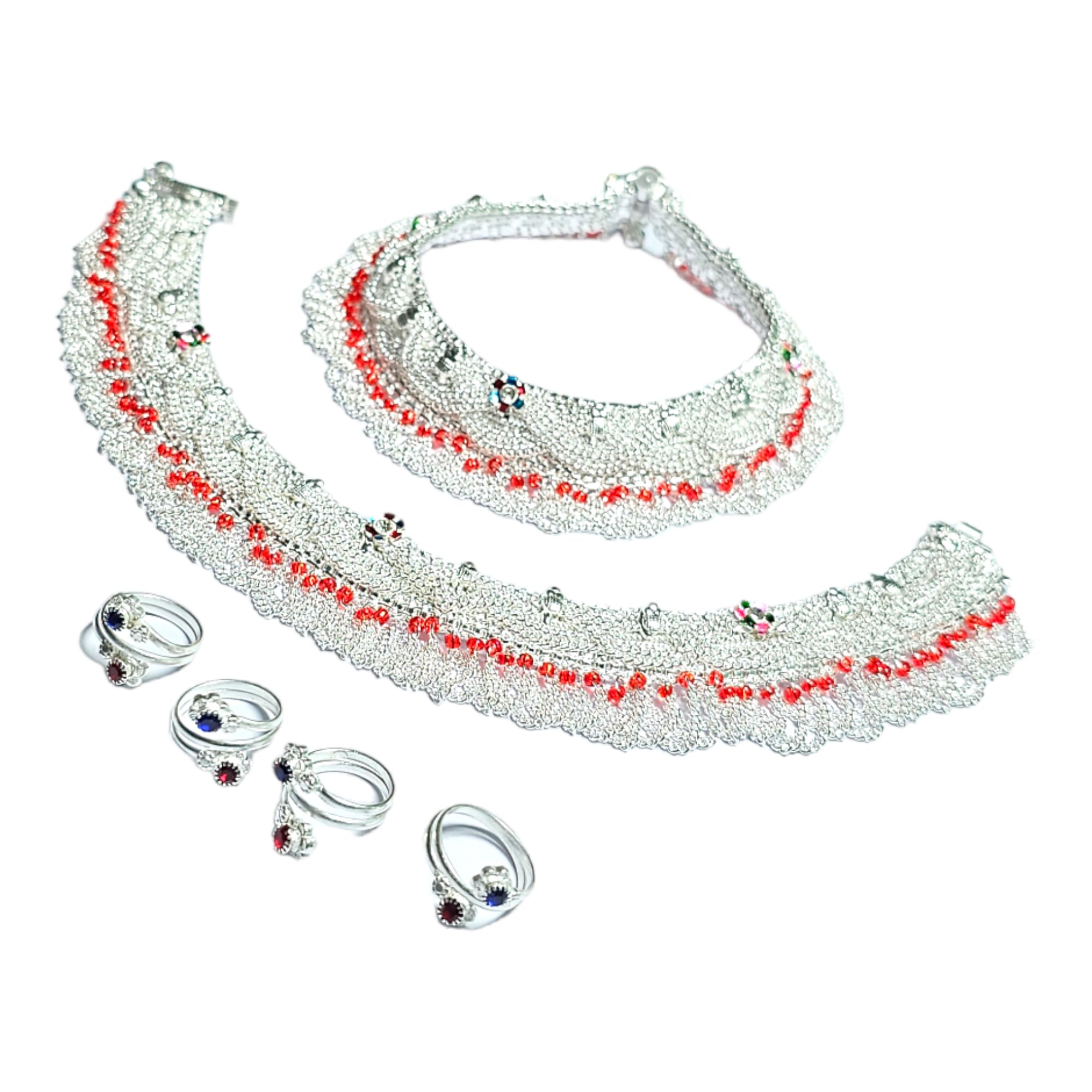 Indian Traditional Heavy Thick 12.5 Inch 155gms and Adjustable Multi Color Midi Toe Ring (Toe Ring 2 Pair & 1 Pair Anklet)-image-21