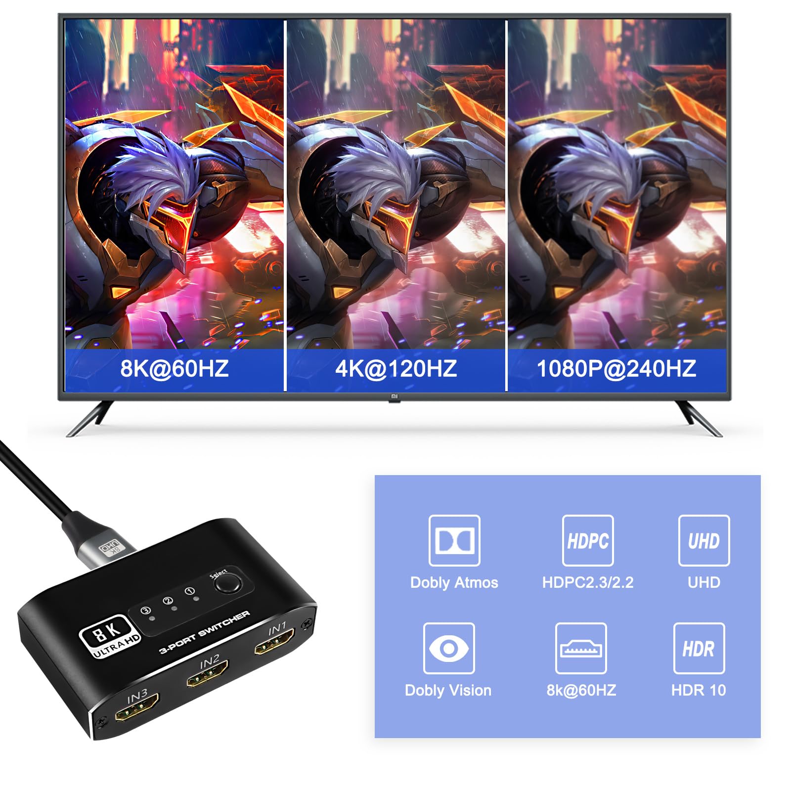 XMSJSIY Commutateur HDMI 3 en 1 Sortie, Sélecteur Répartiteur 2.1 Avec Câble 3 Ports Compatible 4K 120Hz 8K 60Hz 48Gbps pour HDTV, PS5, Xbox DVD, Projecteur