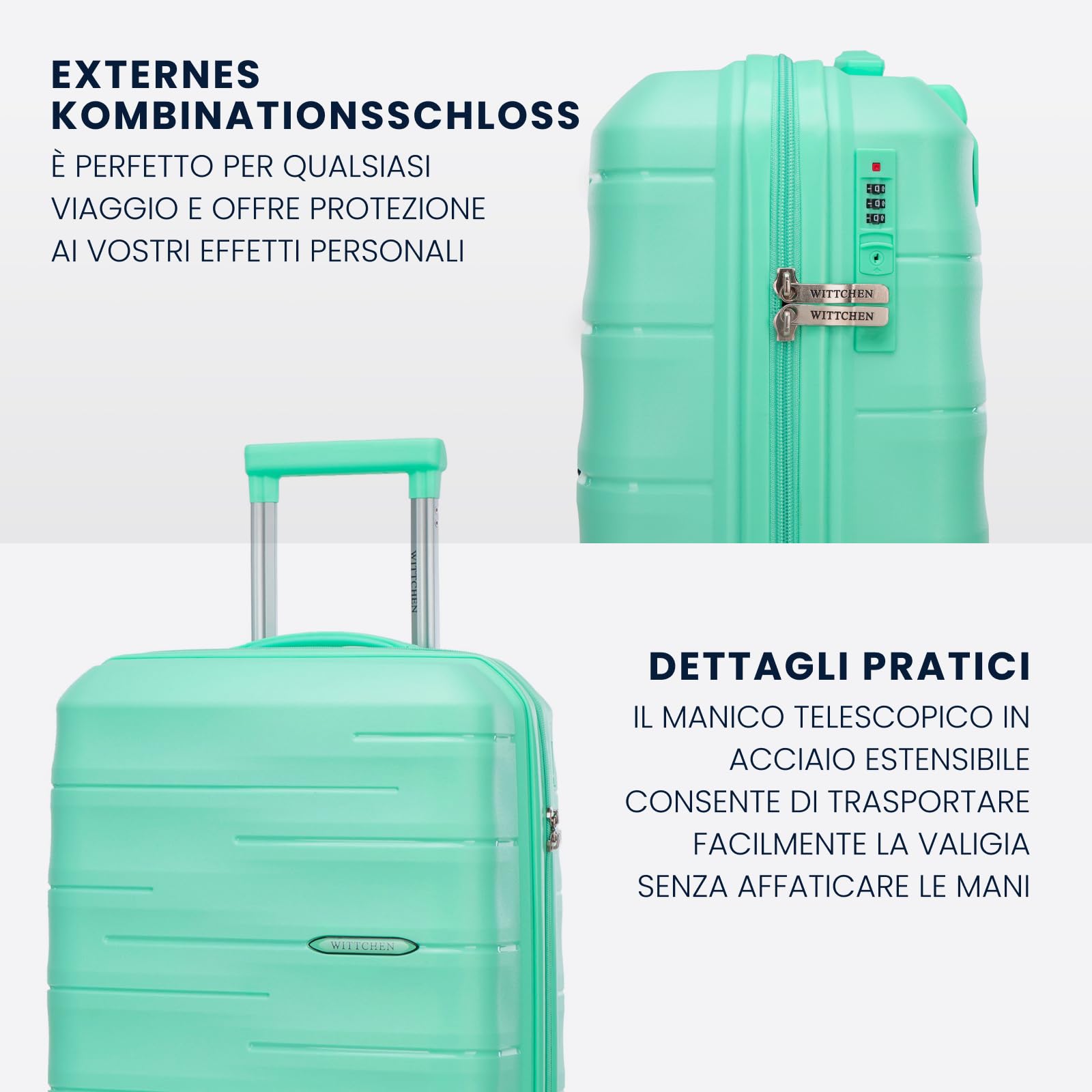WITTCHEN ARCO Line | Trolley da cabina Bagaglio a mano Valigia piccola | Bagaglio leggero Polipropilene Lucchetto TSA Manico telescopico | 4 ruote piroettanti | Verde