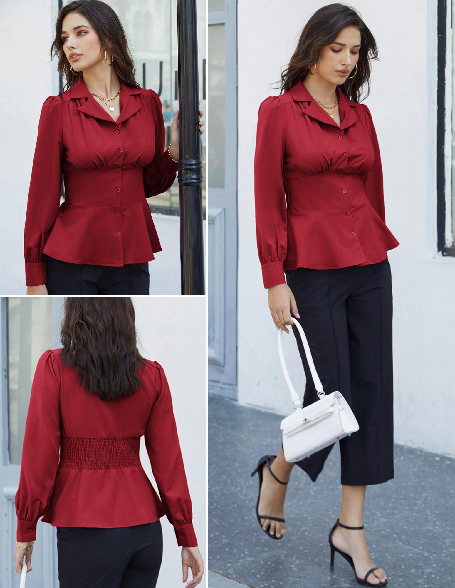 GRACE KARIN Camicia estiva da donna con bottoni, top peplo a maniche lunghe, camicetta da lavoro, camicia con colletto