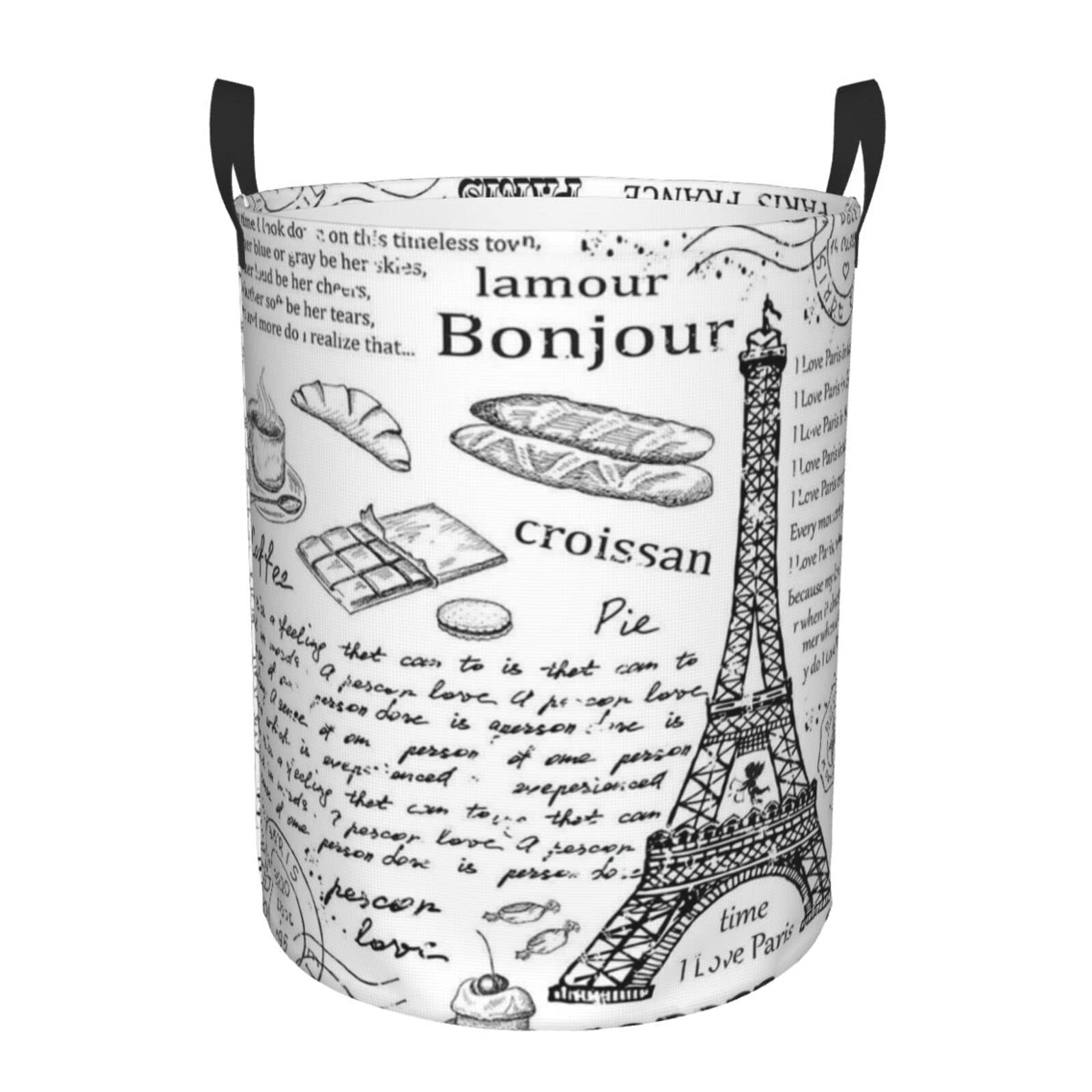 Esasam Black Parisian Coffee Eiffel Tower Print Round Laundry Basket With Handles Waterproof Laundry Hamper For Bathroom Circular Storage Basket