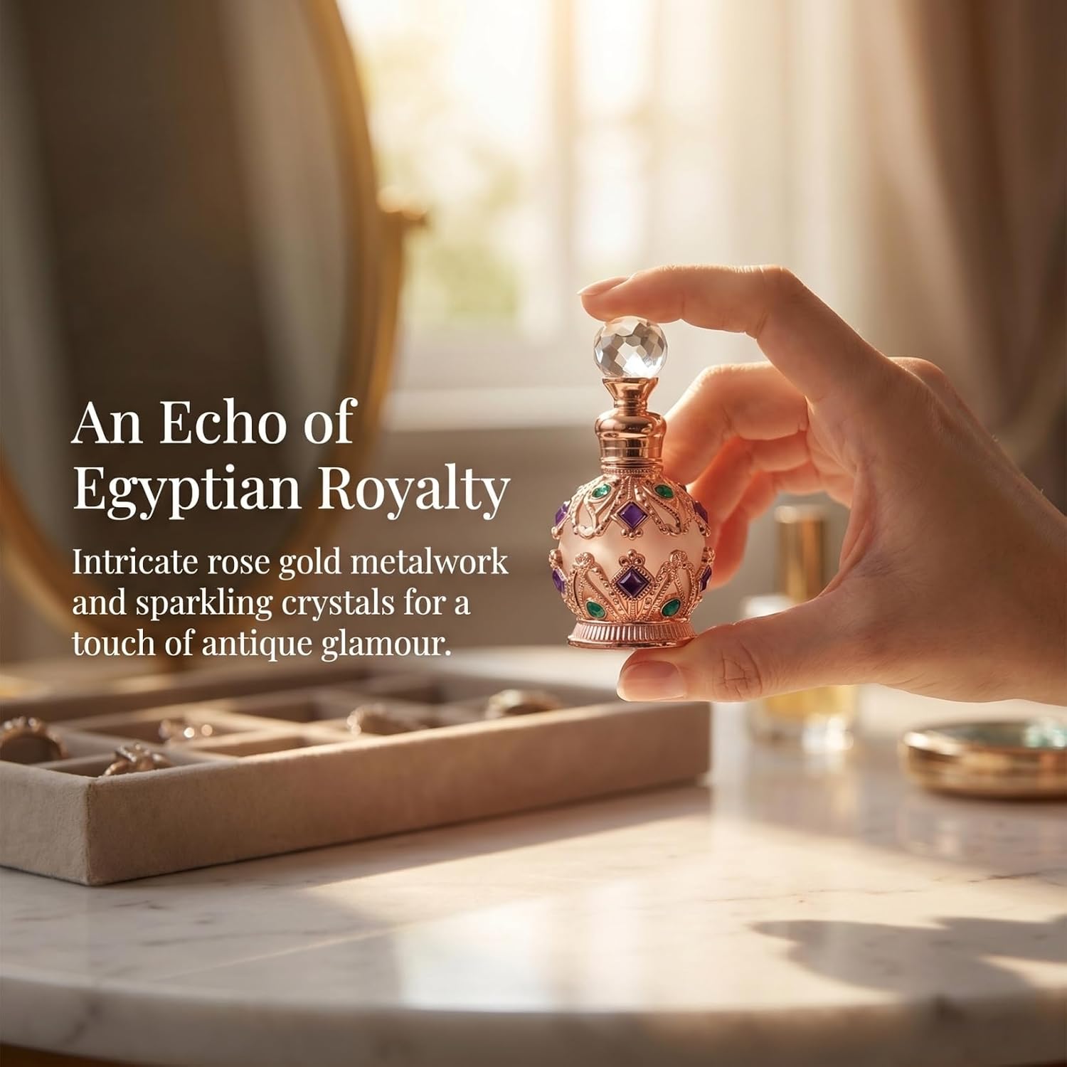 15ml Vintage Egyptian Perfume Bottle - Antique Refillable Glass Oil Bottle with Crystal Bejeweled Decor - Decorative Empty Fragrance Container for Essential & Oil