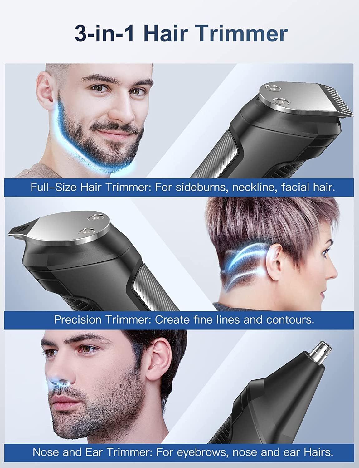 Barttrimmer Herren Haarschneidemaschine, All-in-1 Bartschneider Nasenhaartrimmer Kabellos, USB Wiederaufladbar & Wasserdicht Rasierer Elektrisch mit 7 Aufsteckkämme, Ultrascharfer Klinge