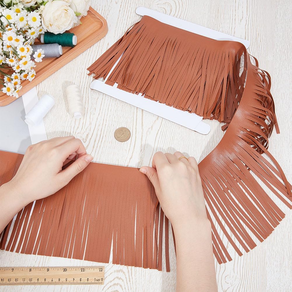 GORGECRAFT 6 Inch 3 Yards Suede Fringe Trim Double Side Western Fringe Trim Camel Cowboy Faux Leather Sewing Tassel for DIY Crafts Clothing Handbag Sewing Embellishment Decorations