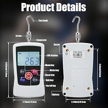 Digital Force Gauge, 500N Digital Pull Tester Dynamometer, 4 Types Unit (N, kg, lb, oz) Real-Time/Peak/First Peak Modes, High-Precision Pressure Push-Pull Meter for Quality Control, Material Testing