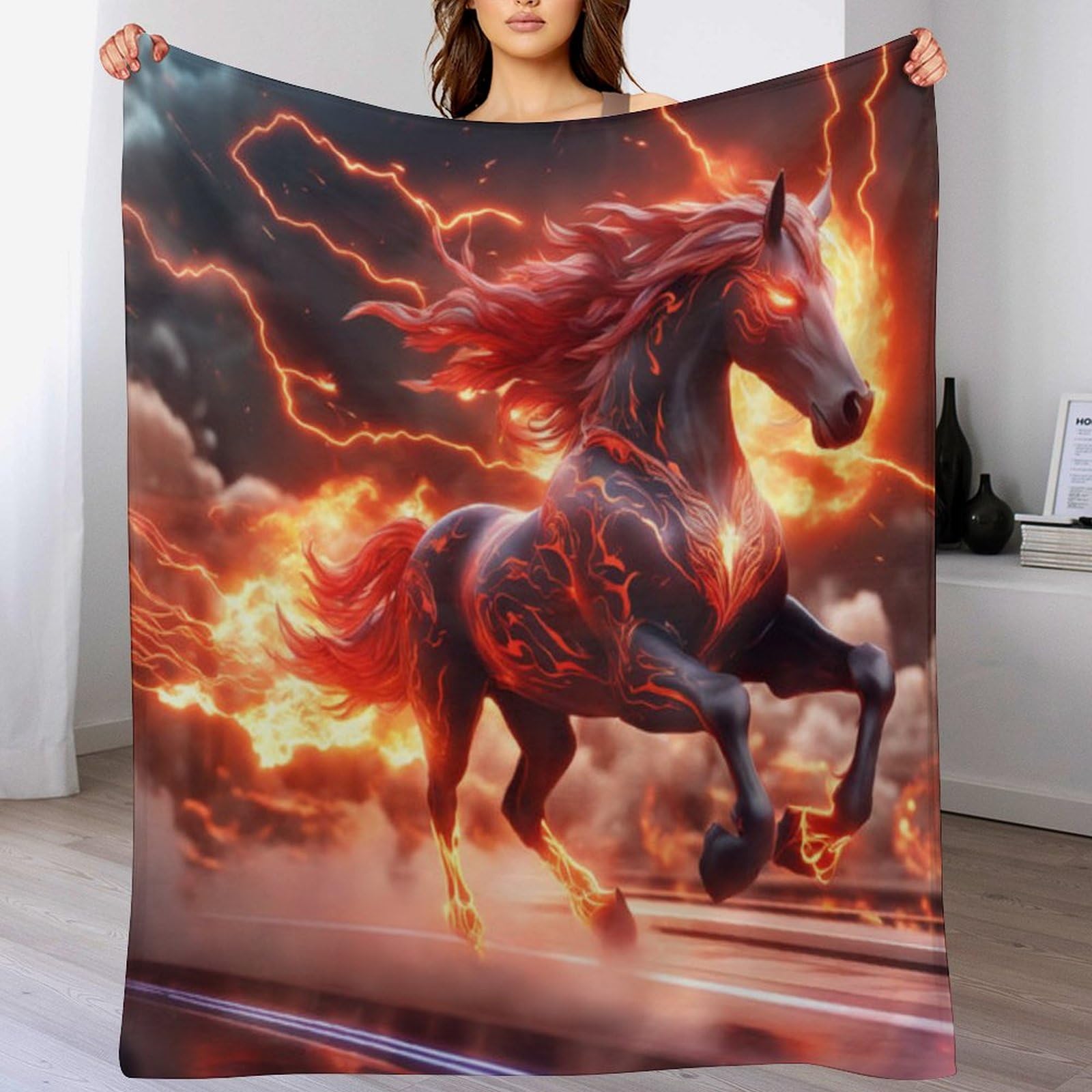 Couverture flannel chaude lit canapé plaid motif cheval 150x200cm