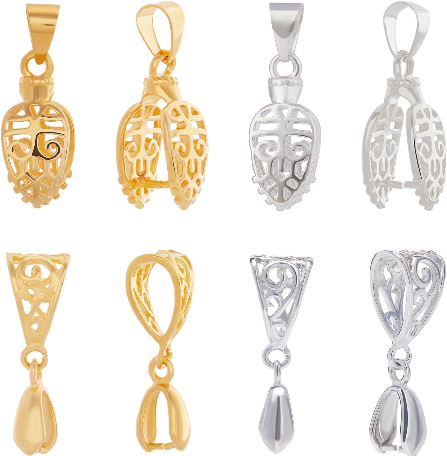 Beebeecraft 24Pcs 4 Styles Pinch Bails Clasp Brass Filigree Ice Pick Pinch Bails Gold and Silver Color Dangle Charms Pendant Connector for Necklace Jewelry Making