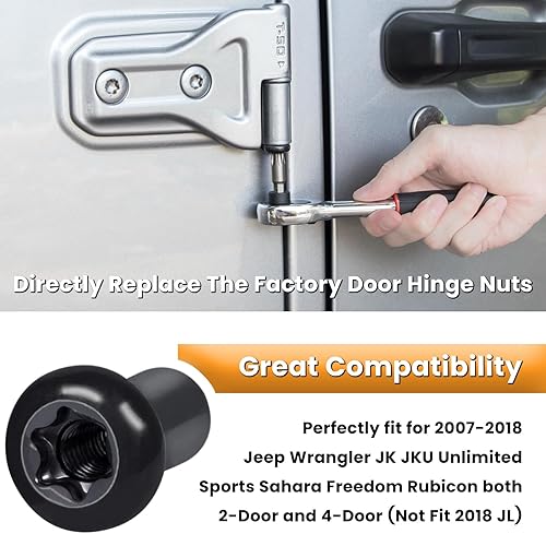 Miniatura 2 de Tuercas de bisagra de puerta para Jeep Wrangler JK JKU JL JLU Sports Sahara Freedom Rubicon Gladiator JT 24 puertas 2007-2021 (8 piezas)