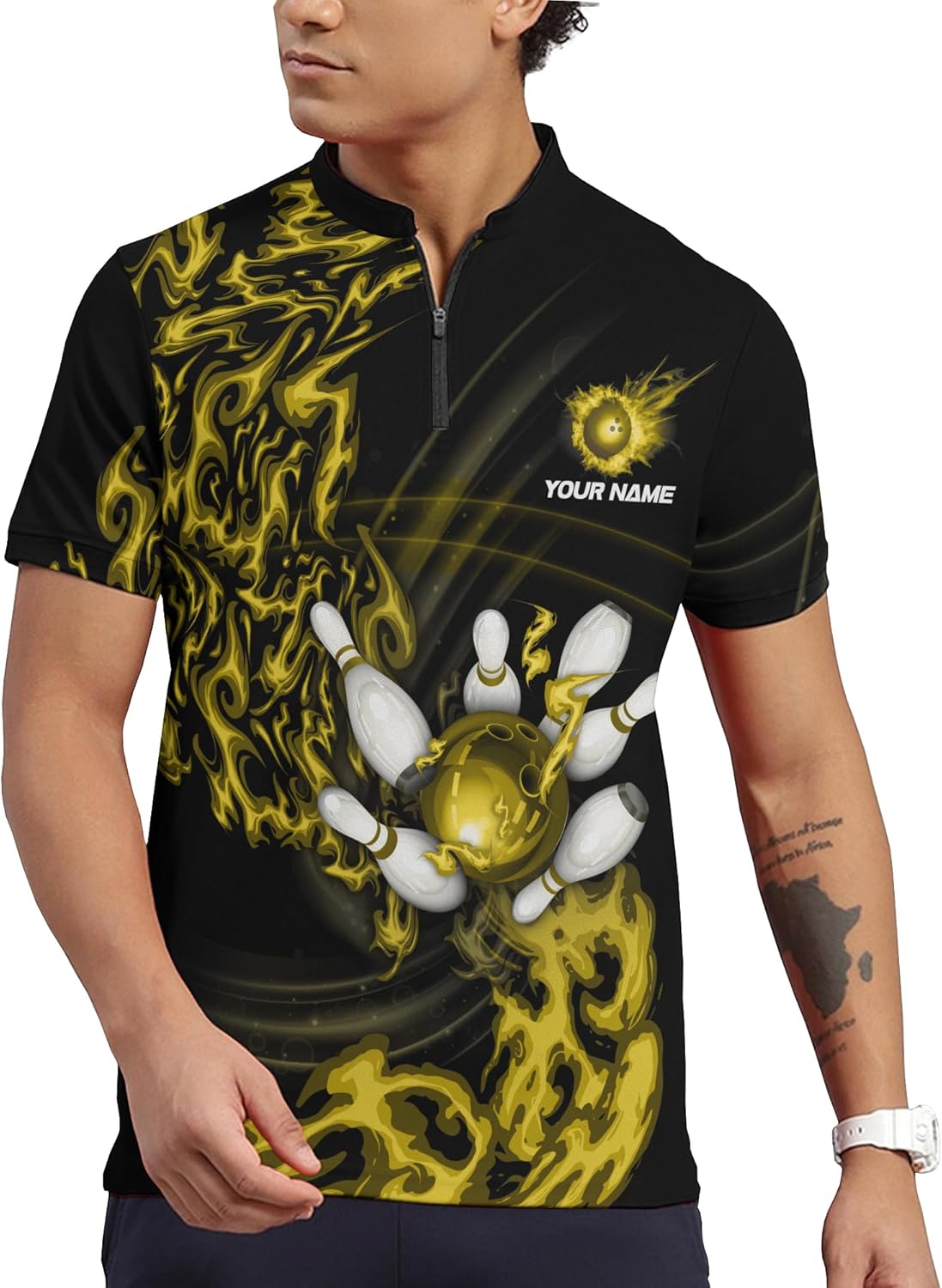 Personalise Bowling Zipper T-Shirt with Custom Name Print Colorful Bowling Ball on Fire 1/4 Zip Jersey for Bowling Team