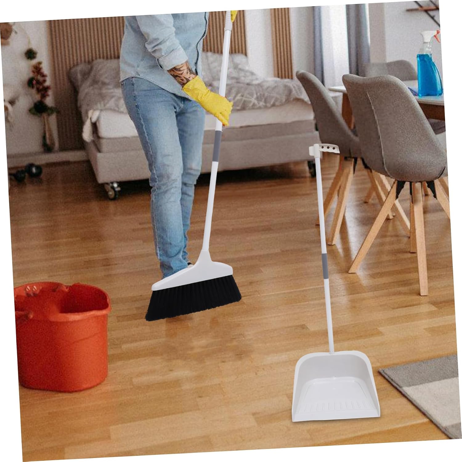 1Set Soft Bristle Broom Set with Long Handle Dustpan Cleaning Tool for Home Garage and Outdoor Use Versatile Floor Cleaning Supplies Grey