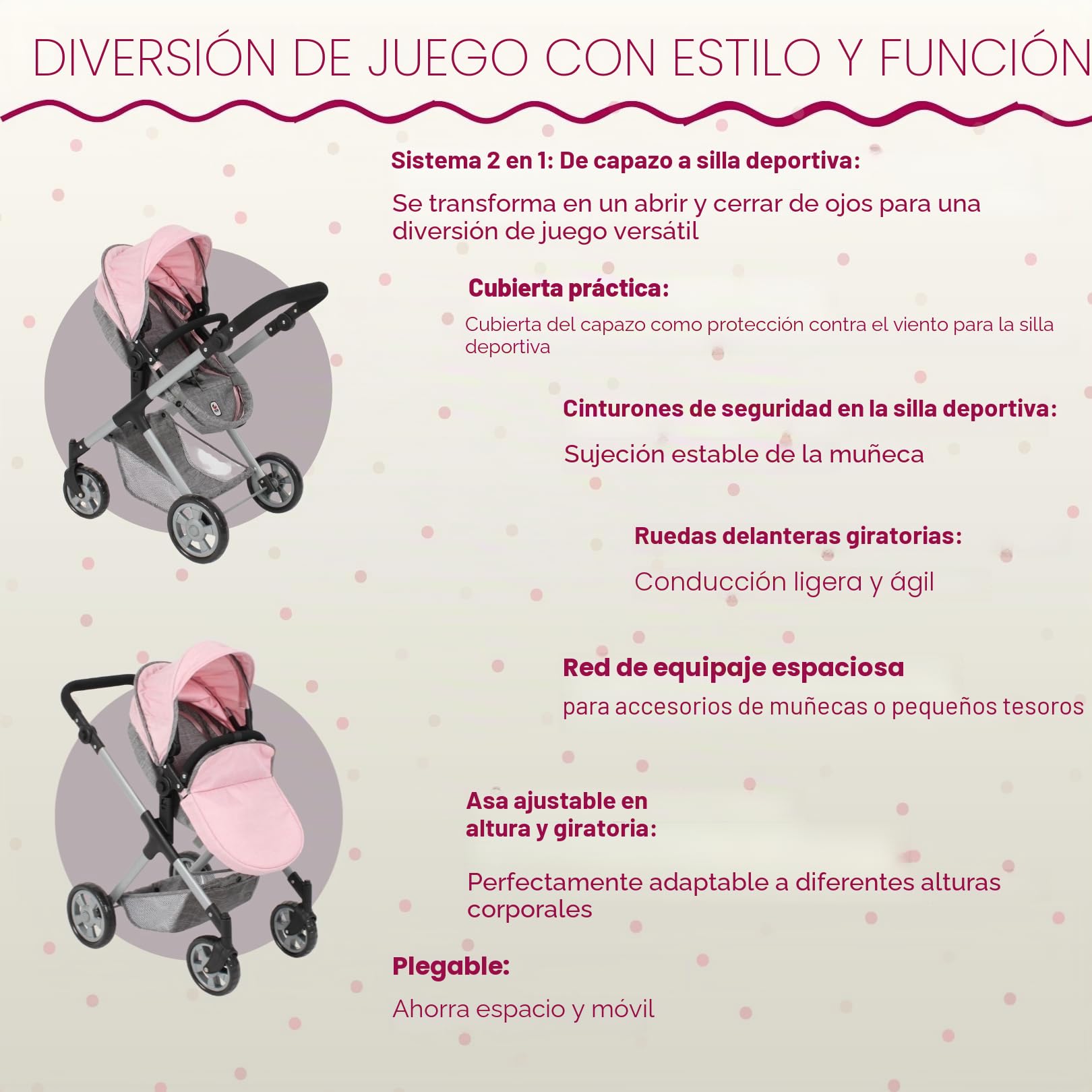 Bayer Chic 2000 Cochecito de muñecas Mila 2 en 1, Color Gris y Rosa, Mango Regulable en Altura de 39 a 72 cm, Estructura Moderna, muñecas de hasta 50 cm, 3-7 años