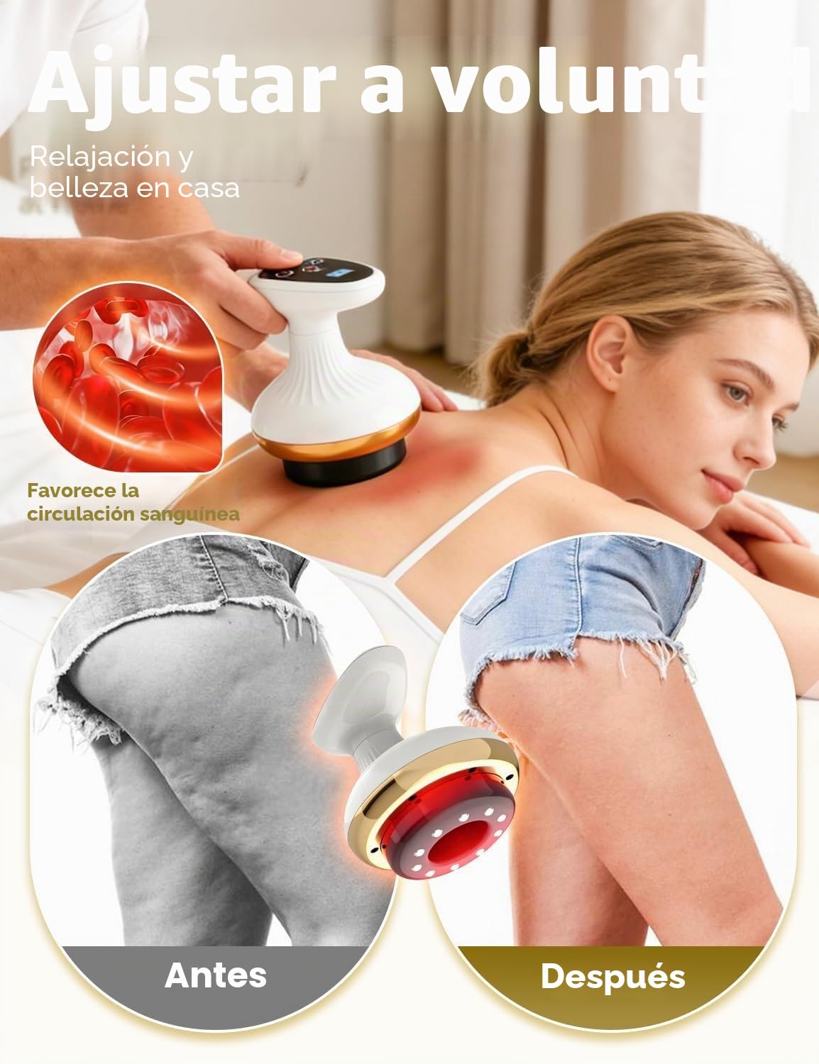 4 En 1 Máquina Celulitis, Masajeador Anticelulítico con Luz Roja y Calor, Reduce la Apariencia de Celulitis, Piel Más Firme, Para Muslos, Abdomen, Hombros y Manos