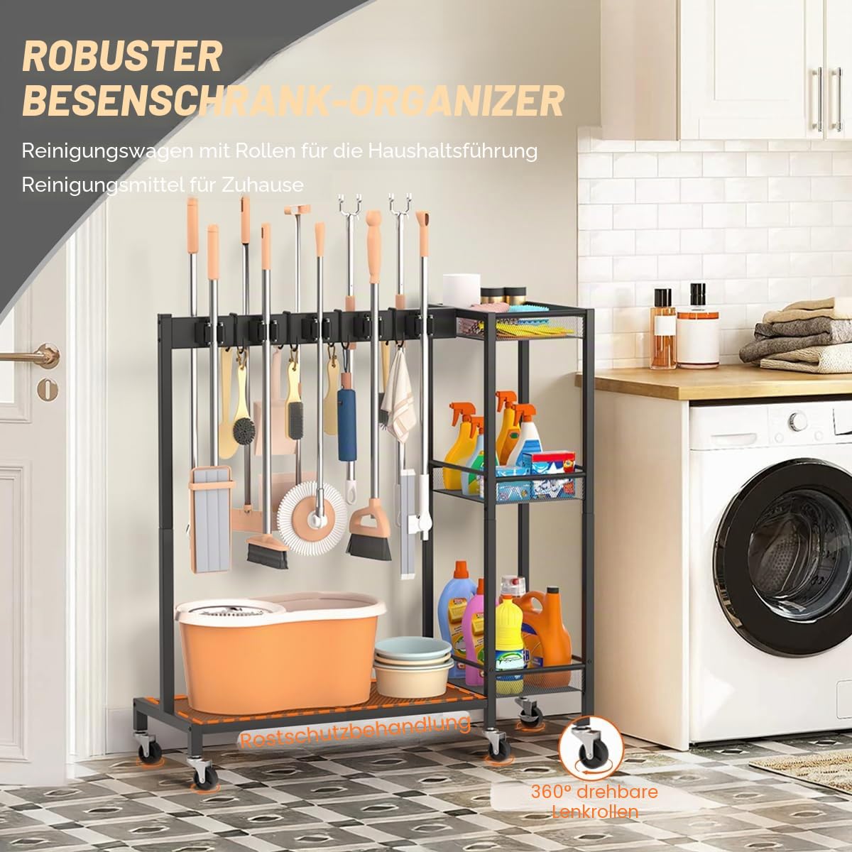 Bikoney Besenhalterung und Gerätehalter – Gartengeräte Halterung mit Gartenwerkzeug Aufbewahrung, Besenhalter mit Haken und Mopphalter, Reinigungswagen für Waschküche und Putzschrank