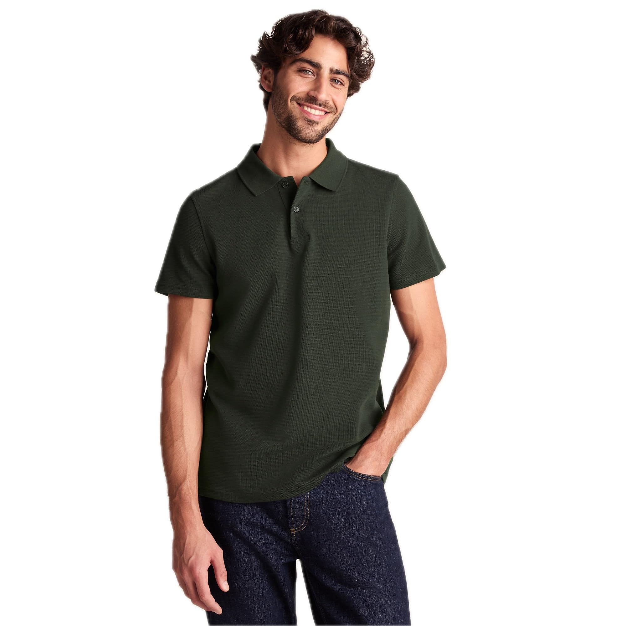 Tog24 Men's Dark Olive Green Zaden Polo, Textured Fabric With Flat Knit, Rib Collar And Tonal Buttons, Smart Casual Polo Shirt