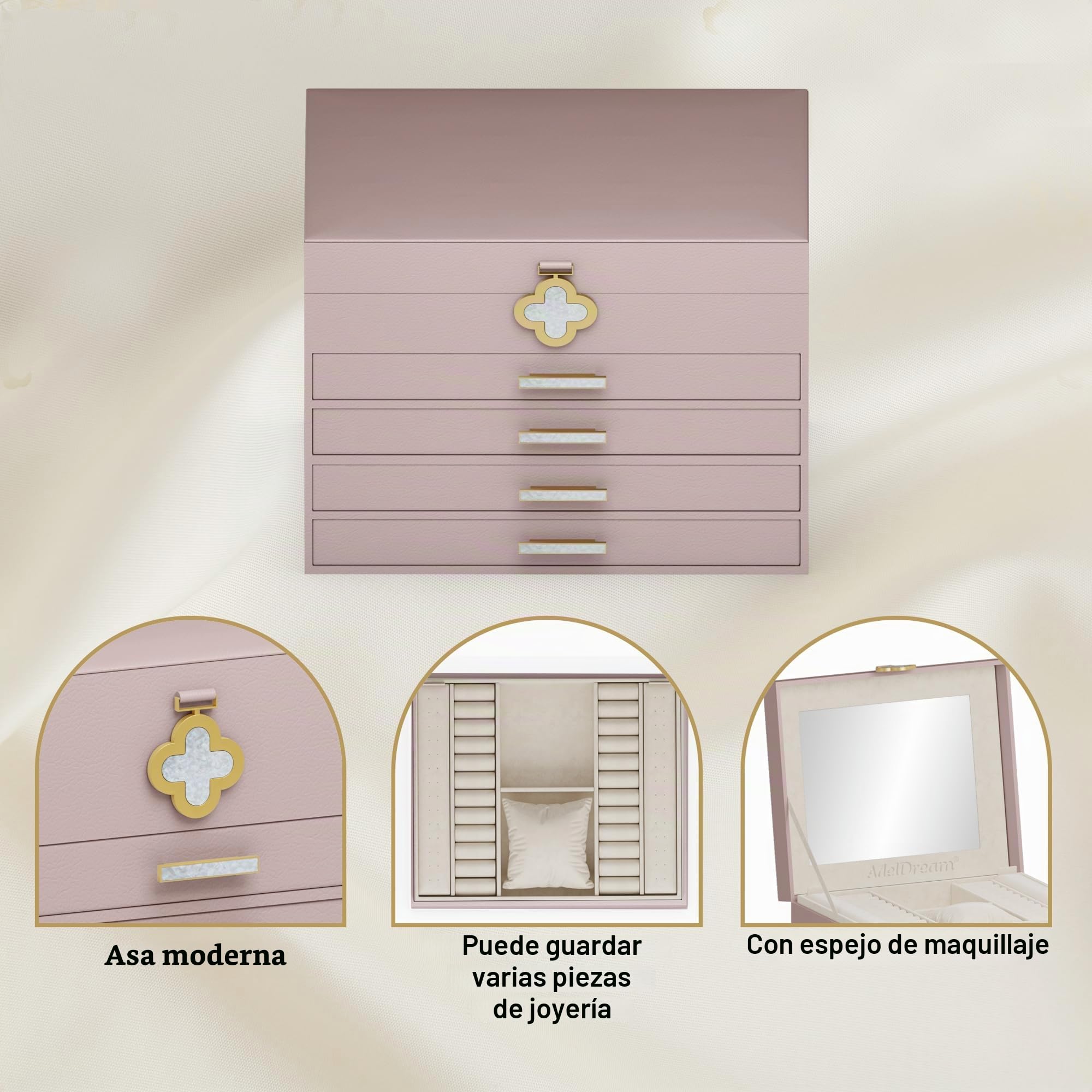 ADEL DREAM Joyero de 5 niveles con botón de trébol, almacenamiento de joyas con bandeja extraíble, organizador de joyas con espejo grande, compartimentos ajustables para manualidades, para madres y