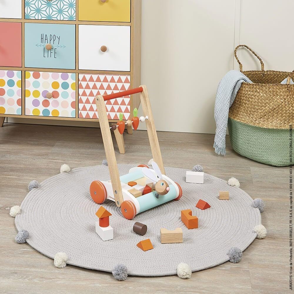 Janod - Carrello Janod Coniglio - Carrello Primi Passi in Legno a Spinta - Testa di Coniglio Su Molla, Carote Su Pallottoliere - con 19 Cubi di Legno - Giocattolo per Bambini da 1 Anno, J8251