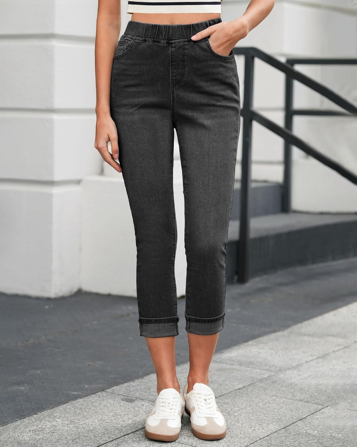 lookbookstore women's high waisted capri jeggings large washed black