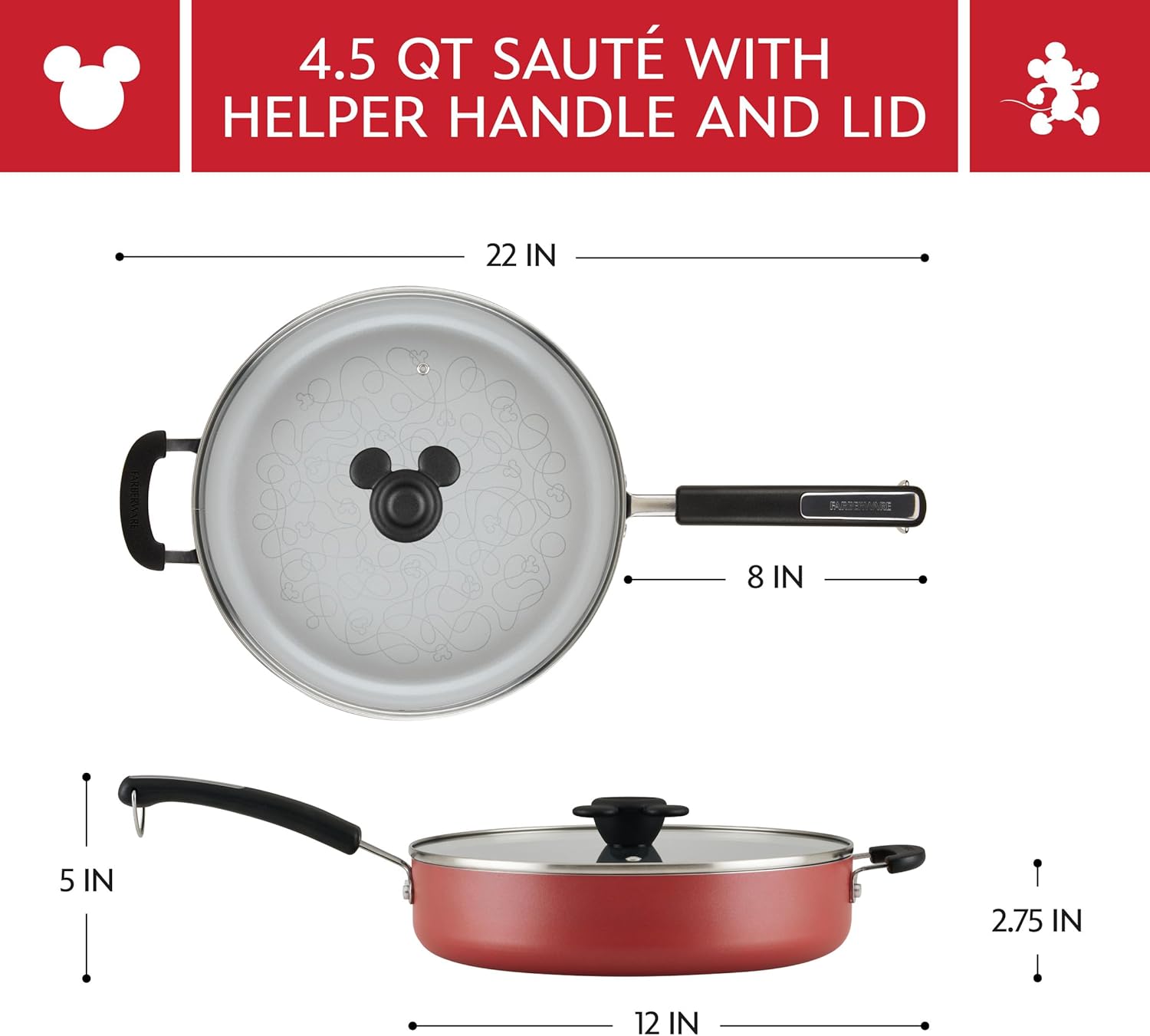 Farberware Disney Bon Voyage Ceramic Nonstick Saute Pan/Frying Pan with Lid and Helper Handle, 4.5 Quart Sauteuse Pan - Red