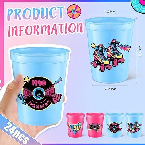 Miniatura 3 de 24 tazas temáticas de los años 90 de 16 onzas, reutilizables, gruesas, retro, para fiesta, de plástico, rosa, rojo y azul, retro, música, retroceso,