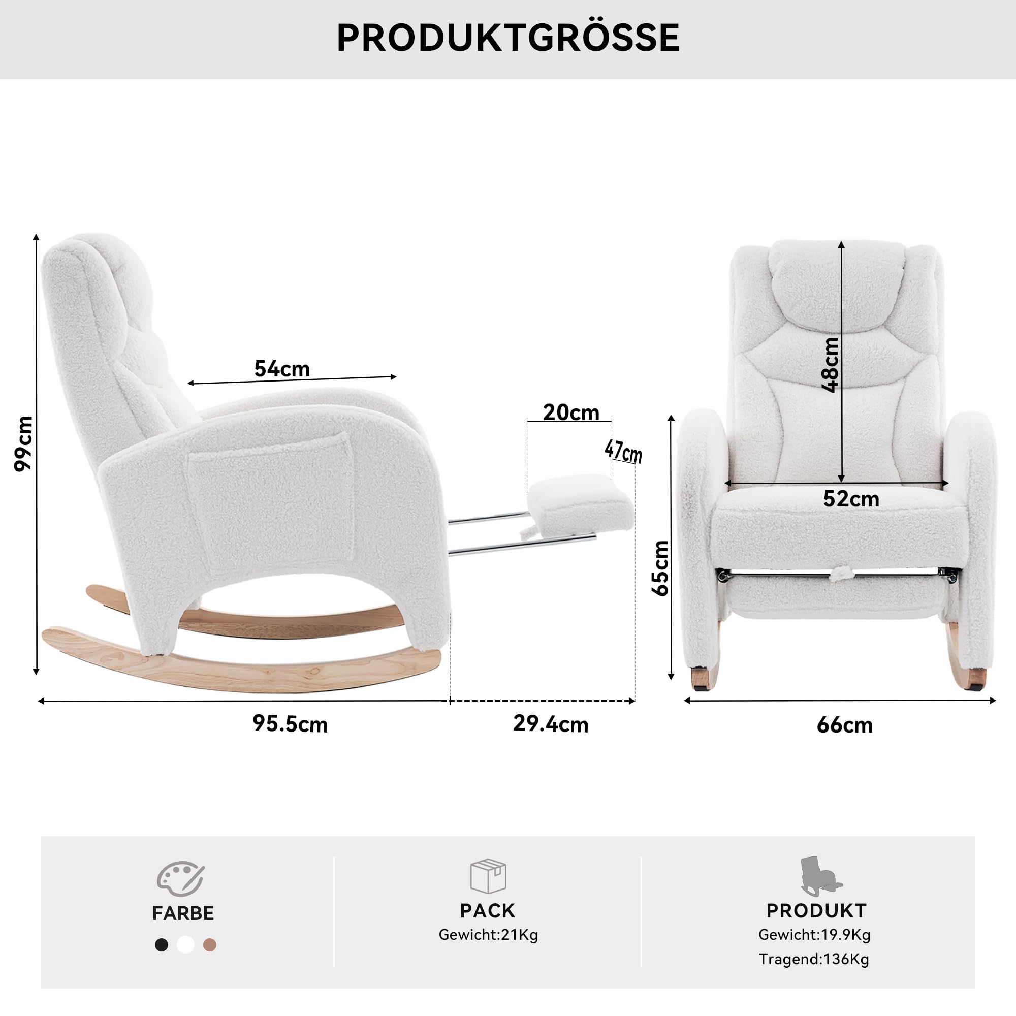 DEKKETO Teddy Schaukelstuhl mit Kopfstütze und Fußstütze, Schaukelsessel mit Hocker, Großer Stillstuhl mit Seitentasche, Relax Stillsessel Wohnzimmer, Weiß